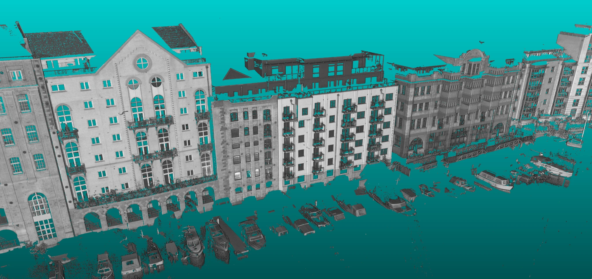 Production point-cloud view of Huller and Cheese from across the canal, showing façades, balconies and upper-level geometry.