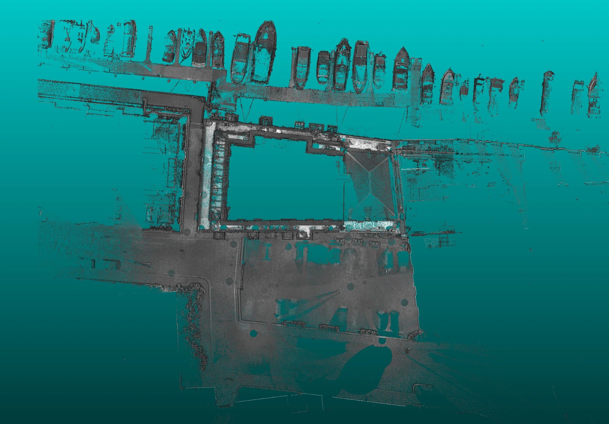 Overhead point-cloud overview of Huller and Cheese, the canal, bridge and surrounding captured site geometry.