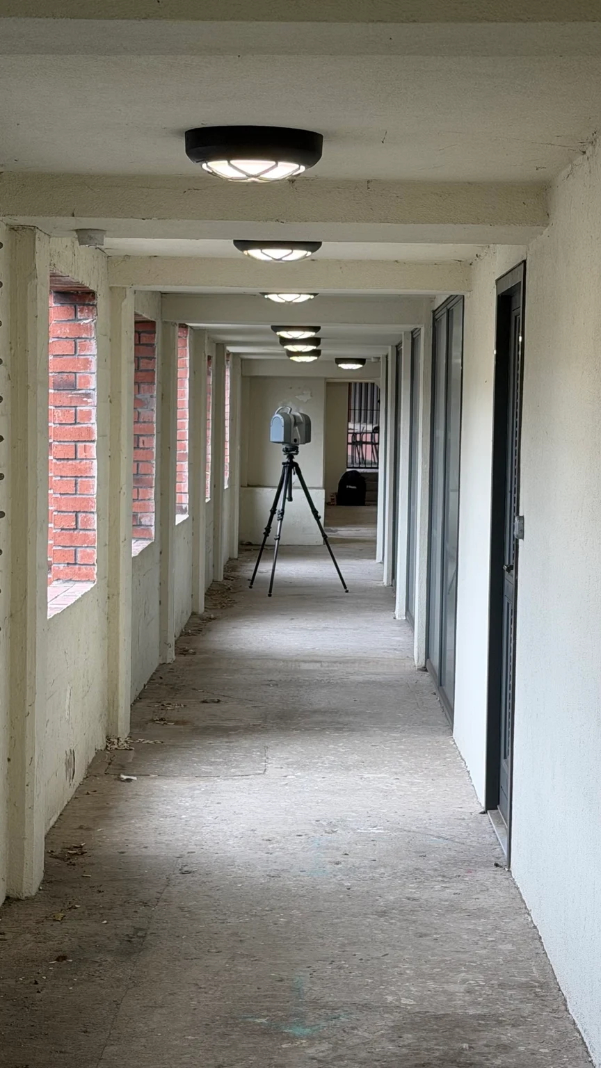 Tripod-mounted laser scanner in a covered passage with brick openings and doorways.