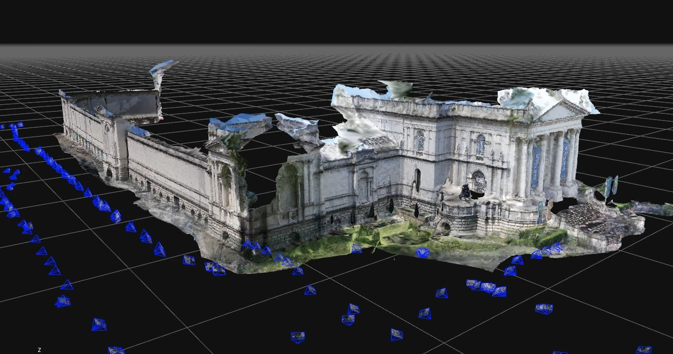Photogrammetry 3D model screenshot showing a textured classical building exterior with surrounding ground surface.
