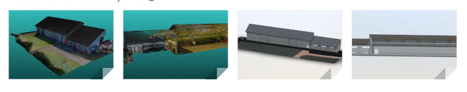 Scan to BIM point cloud and Revit model views of an industrial warehouse building and external yard area.