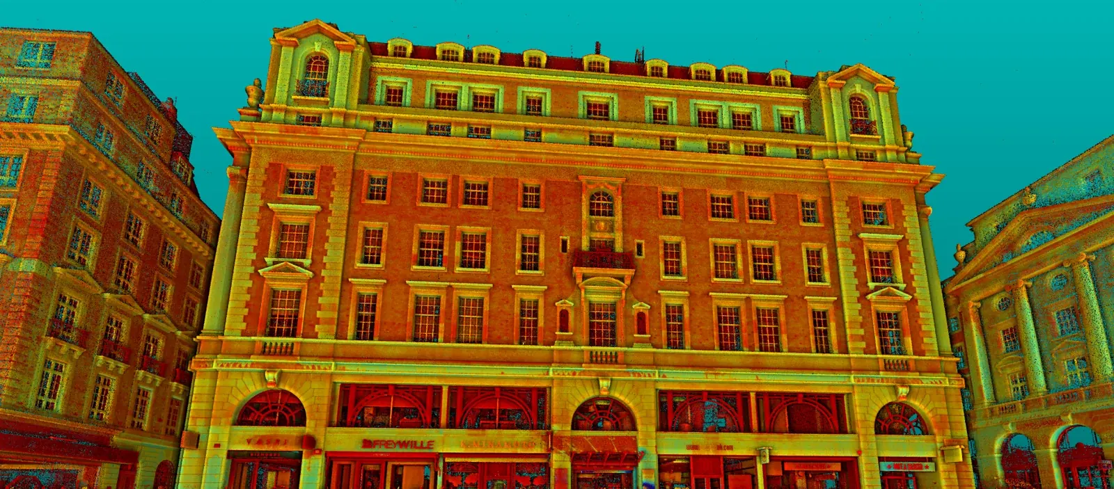 Orthographic image from a point cloud showing the front elevation of a multi-storey brick building with detailed window surrounds and cornices.