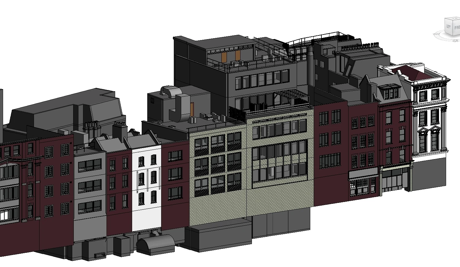 Scan to BIM view showing a 3D BIM model of a multi-storey building facade with adjoining buildings and rooftop plant.