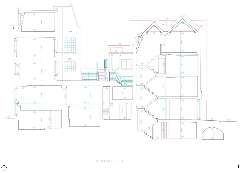 Measured survey section drawing showing a detailed building cross-section (Section 3-3) with floor levels, stairs and dimensions.