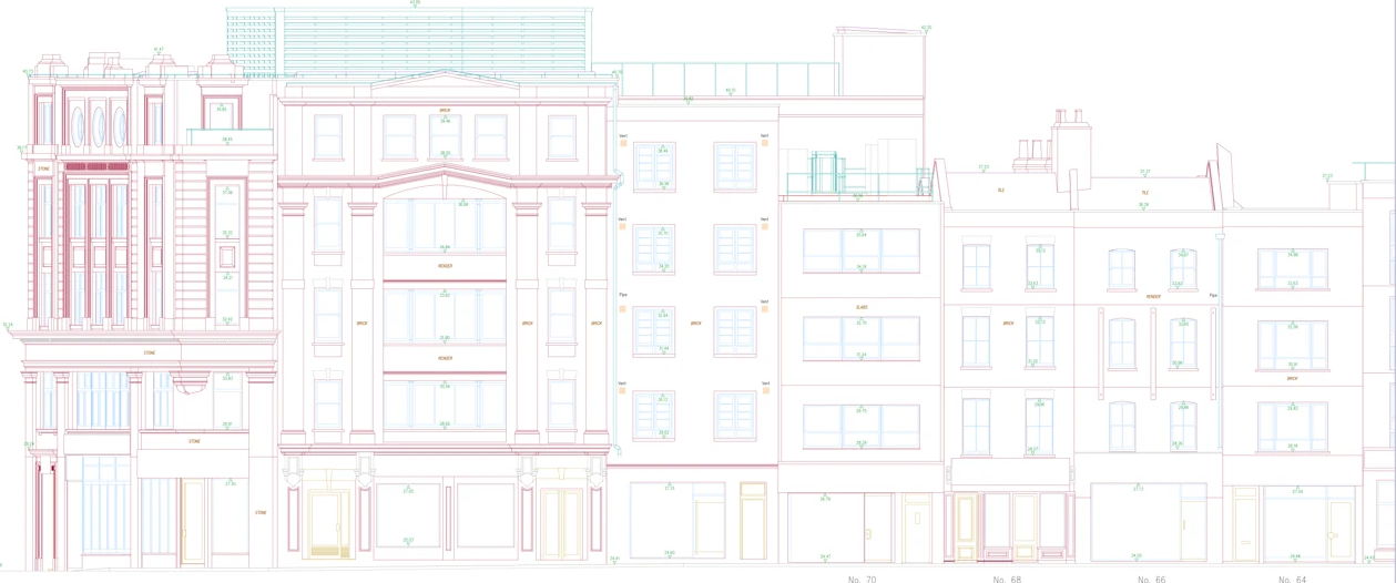 Measured survey CAD elevation drawing showing Elevation A-A of a multi-storey building terrace with windows, doors and rooflines.