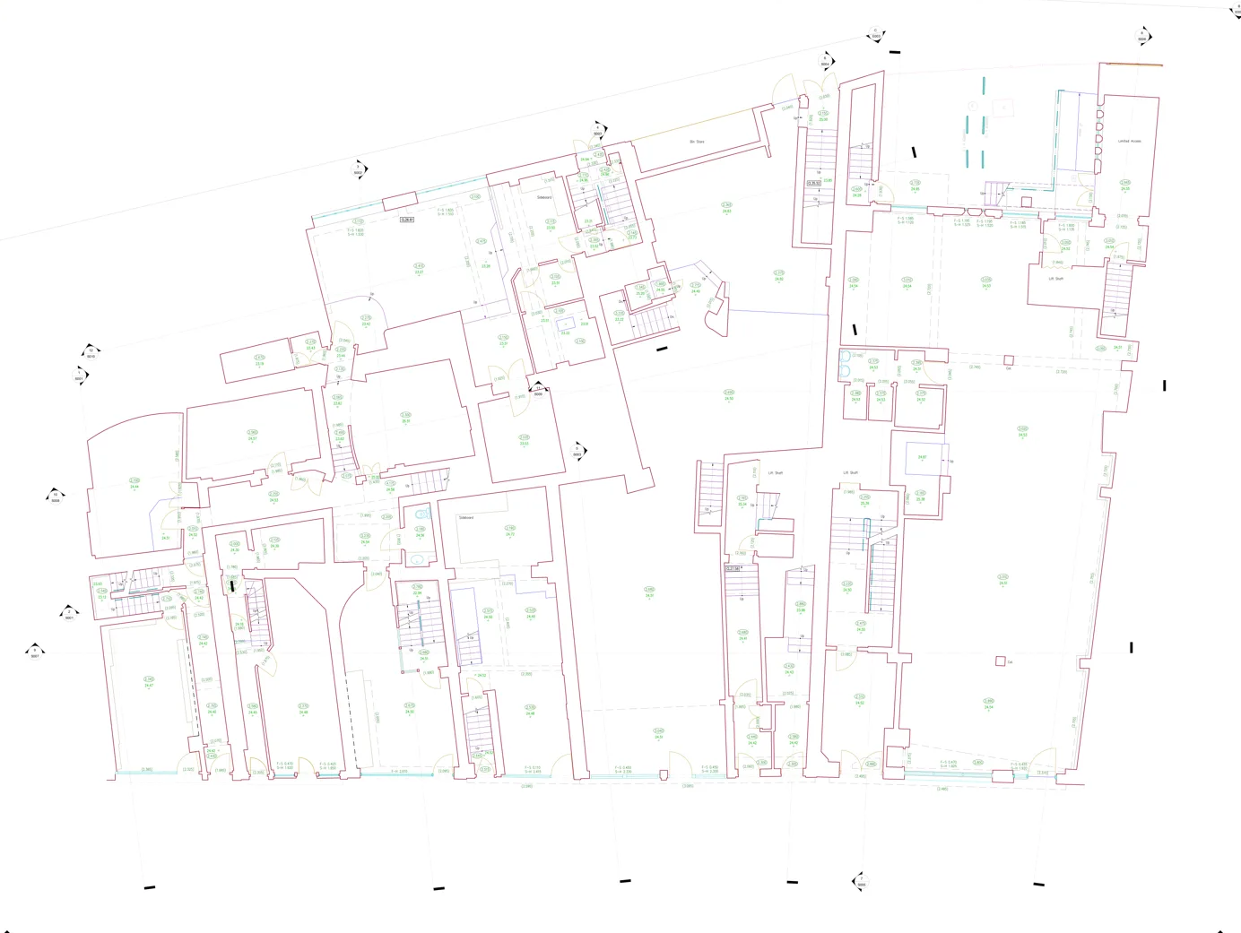 Measured survey ground floor plan CAD drawing showing the internal layout of rooms, walls, doors and stairs.